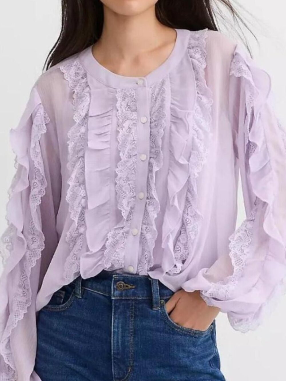 Loft Lavender Lace Ruffle Button Down Blouse Size Medium